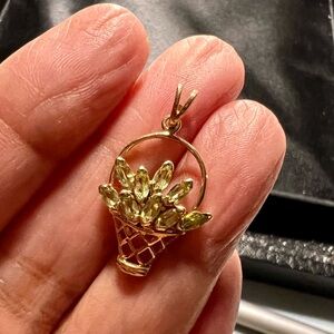 Peridot flower basket, charm or pendant, 14k gold marking JCM, pre owned.